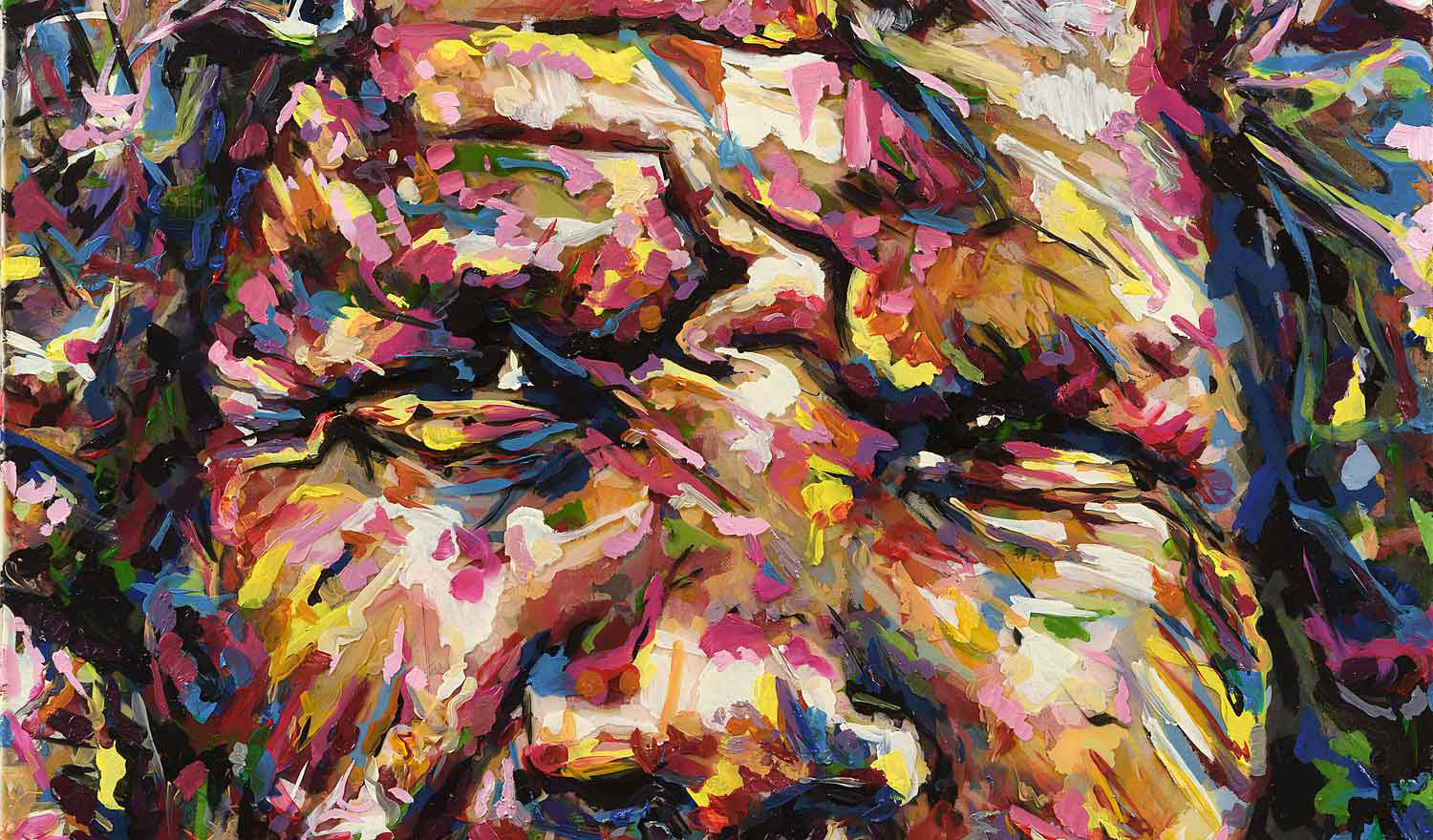Extreme close-up of thick impasto brushwork on a painted face